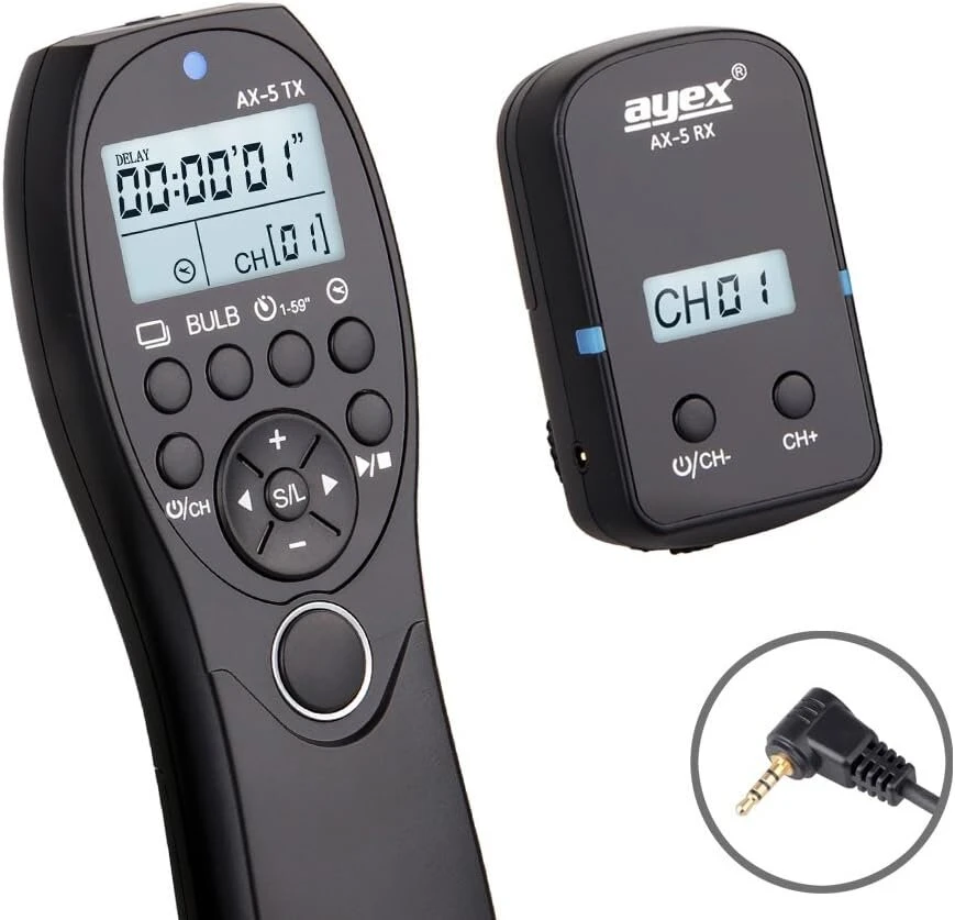 Objektyvas Ayex radijo bangomis valdomas laikmatis nuotolinio valdymo pultas Ax-5, suderinamas su Panasonic, pvz., Dc-gh5 Dmc-fz2500 Dmc-fz2000 Dmc-g85 Dmc-g7 Dmc-gx, mažo / didelio greičio nepertraukiamas fotografavimas, ilgos ekspozicijos bulb režimas, fotografavi