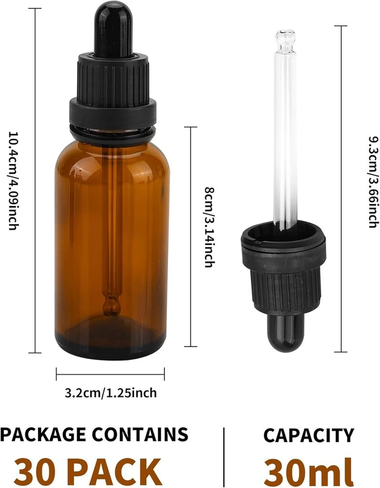 Azkeegrey 30 vnt. pipetės buteliukų rinkinys, 30 ml, rudas stiklas, buteliukas su stikline pipete, vaistinė buteliukas, rudas stiklinis buteliukas aliejams, ekstraktams, skysčiams, kvepalų aliejams