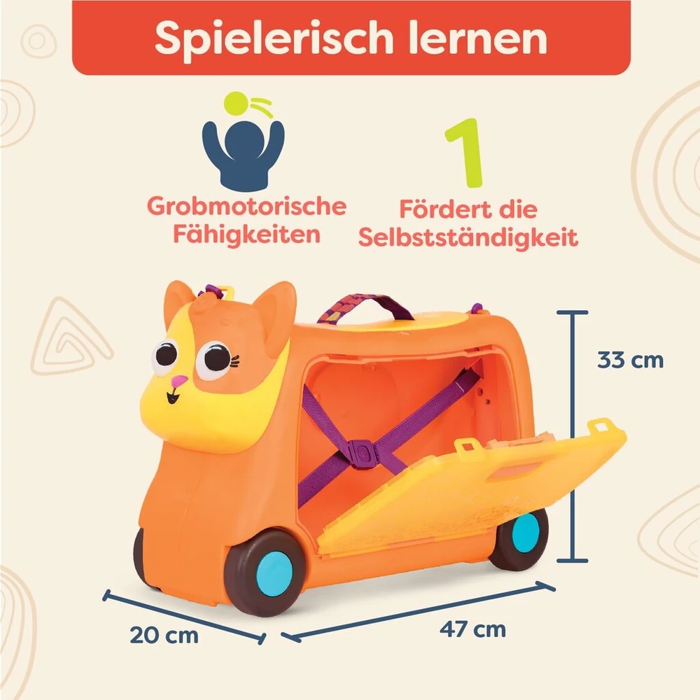 B. toys vaikiškas rankinis lagaminas katė - kelioninis lagaminas, vaikiškas lagaminas su šviesomis ir garsais - vaikiškas lagaminas atsisėdimui - su saugojimo vieta - mergaitėms ir berniukams nuo 2 metų
