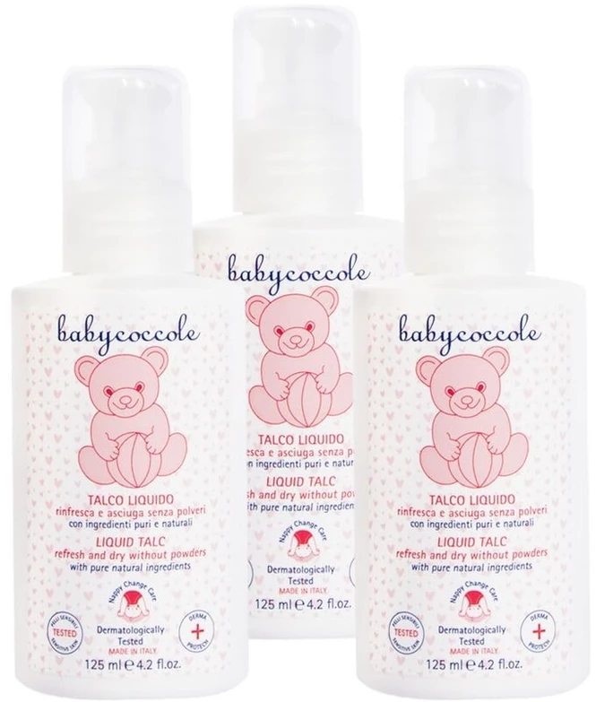 Babycoccole rinkinys iš 3 skystų talkų be talko, apsaugo nuo vystyklų paraudimo, sausina ir gaivina odą po maudynių, natūraliai reguliuoja prakaitavimą, 3 x 125 ml