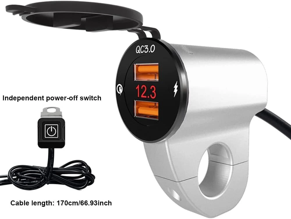 Baceyong atsparus vandeniui 12v motociklo Qc3.0 dvigubas Usb įkrovimo prievado maitinimo adapteris su skaitmeniniu voltmetru išmaniesiems telefonams, planšetiniams kompiuteriams ir Gps