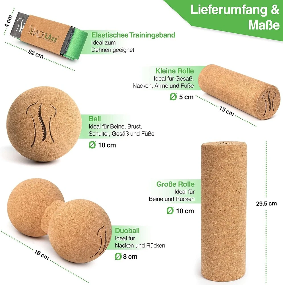 Backlaxx® kamštinis volelių rinkinys, idealus fascijai, nugarai ir stuburui, be kenksmingų medžiagų, įskaitant naudojimo vaizdo įrašus