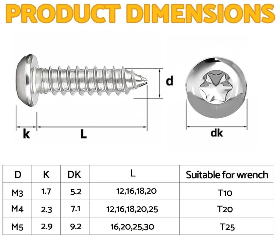 Bacshby, 50 vnt. M5 x 30 mm savisriegių sraigtų rinkinys, nerūdijančio plieno sriegimo sraigtai, Torx plokščios galvutės sraigtai, apvali galvutė, A2 V2a, sraigtai medienai, pilnas sriegis