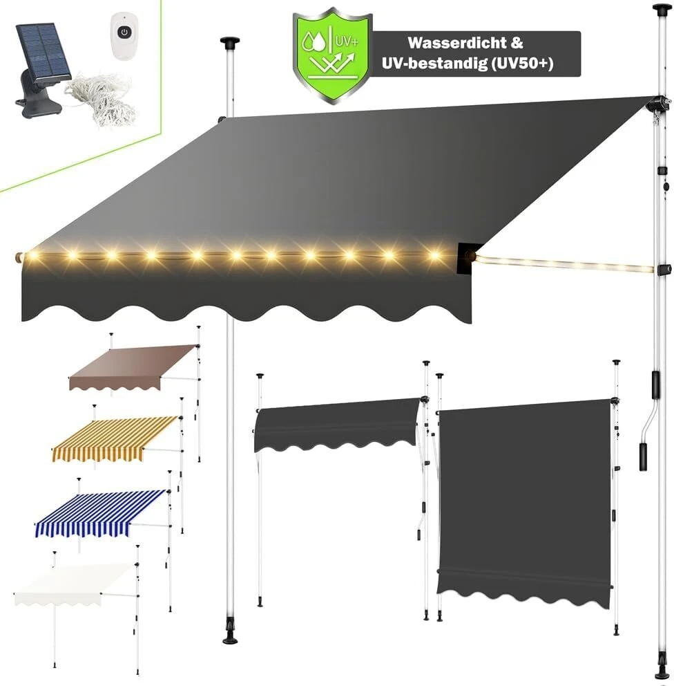Balkono markizė nuo saulės 350 cm, prispaudžiama markizė su led lemputėmis, balta/oranžinė balkono markizė, nereikia gręžti, lango markizė