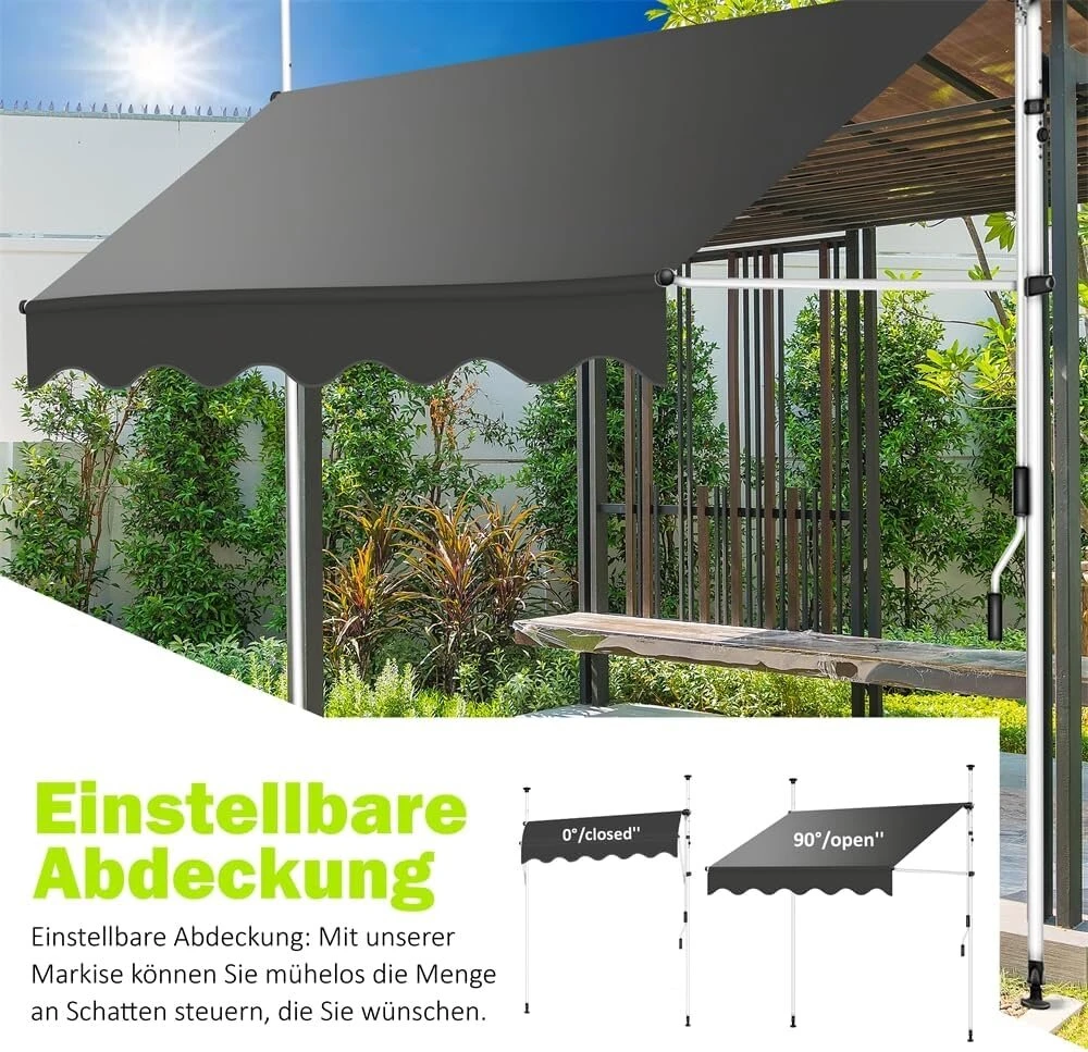 Balkono markizė nuo saulės 350 cm, prispaudžiama markizė su led lemputėmis, balta/oranžinė balkono markizė, nereikia gręžti, lango markizė