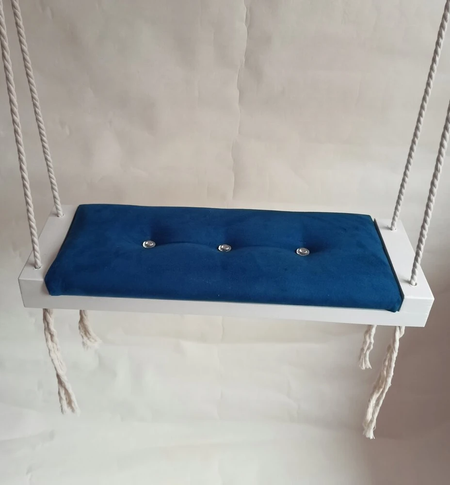 Balta supynė, tamsiai mėlyna sėdynė, namų sodui, vaikams, apmušta aksomu, 50 cm