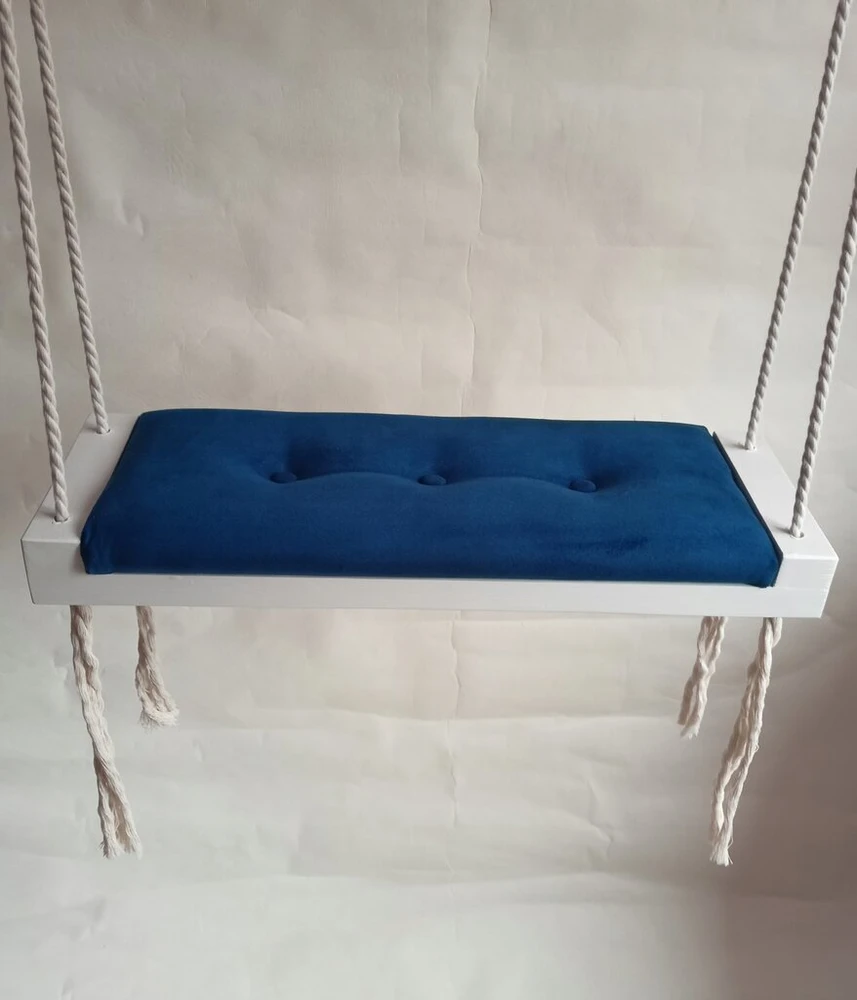 Balta supynė, tamsiai mėlyna sėdynė, namų sodui, vaikams, apmušta aksomu, 50 cm
