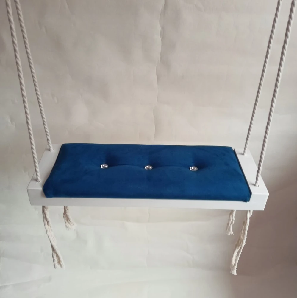 Balta supynė, tamsiai mėlyna sėdynė, namų sodui, vaikams, apmušta aksomu, 50 cm