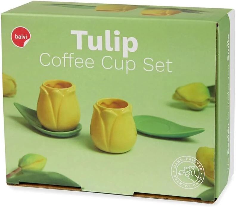Balvi tulip kavos puodelių rinkinys geltonas/žalias, 2 tulip formos kavos puodeliai ir 2 lėkštės lapų formos
