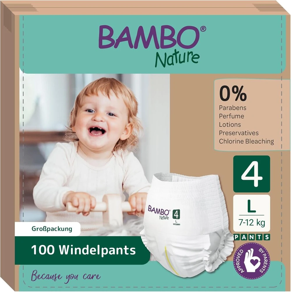 Bambo Nature kelnaitės-sauskelnės, dydis 4 (7-12 kg) - 100 vnt. mėnesio pakuotė | sauskelnės-kelnaitės su patobulinta apsauga nuo pratekėjimo | didžiausias komfortas ir laisvė aktyviems vaikams | dermatologiškai patikrintos sauskelnės