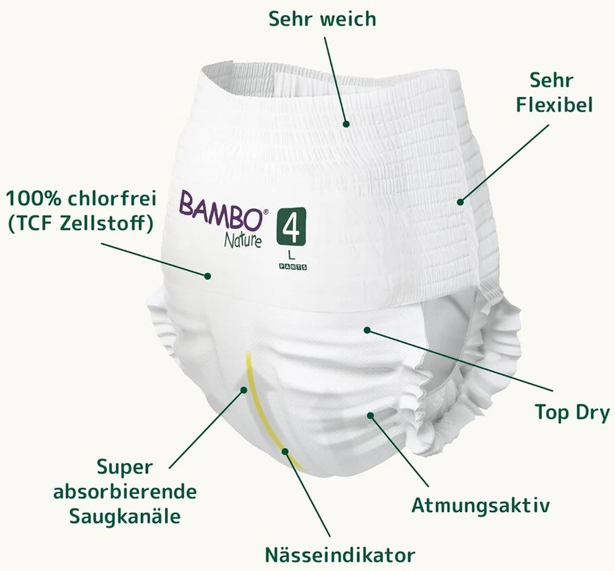 Bambo Nature kelnaitės-sauskelnės, dydis 4 (7-12 kg) - 100 vnt. mėnesio pakuotė | sauskelnės-kelnaitės su patobulinta apsauga nuo pratekėjimo | didžiausias komfortas ir laisvė aktyviems vaikams | dermatologiškai patikrintos sauskelnės