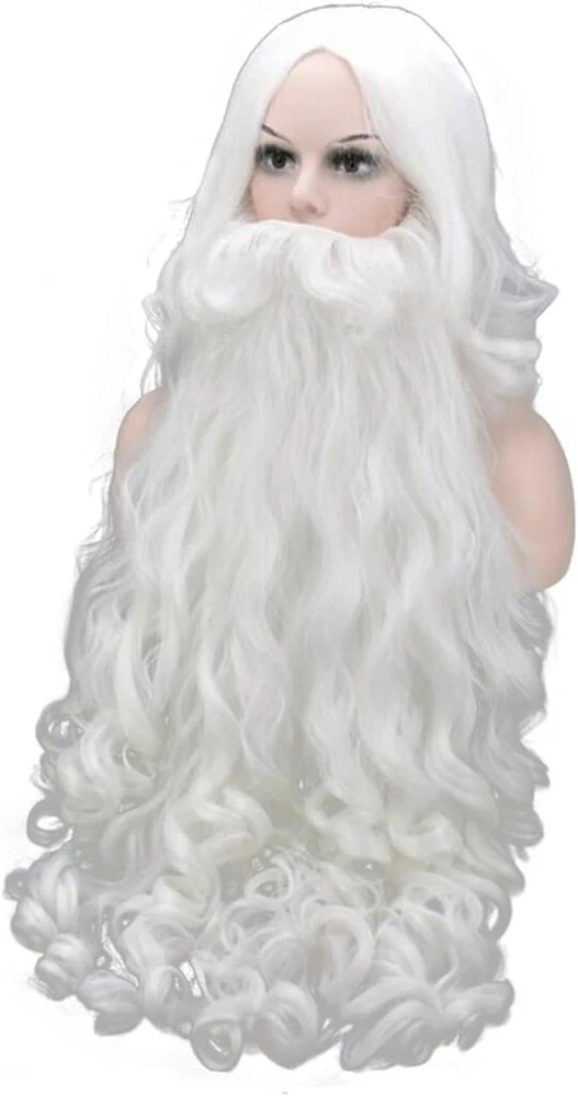 Baoblaze Kalėdų senelio perukas ir barzda Cosplay balti ilgi Kalėdų senelio kostiumo aksesuarai garbanotas perukas Kalėdų senelio perukas barzda, barzda 80 cm