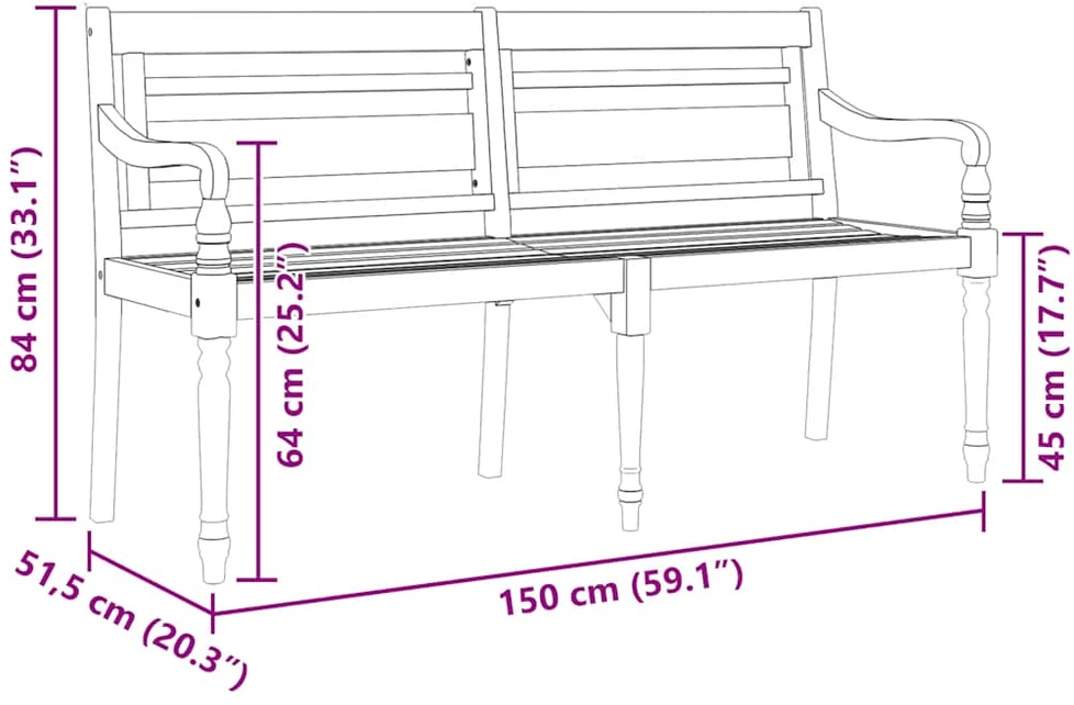 Batavia suoliukas, 150cm, tikmedžio medienos masyvas