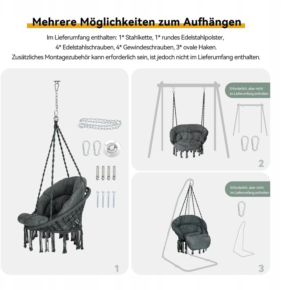 Bathonly pakabinamas krėslas macrame boho cotton iki 150kg, tamsiai pilkas