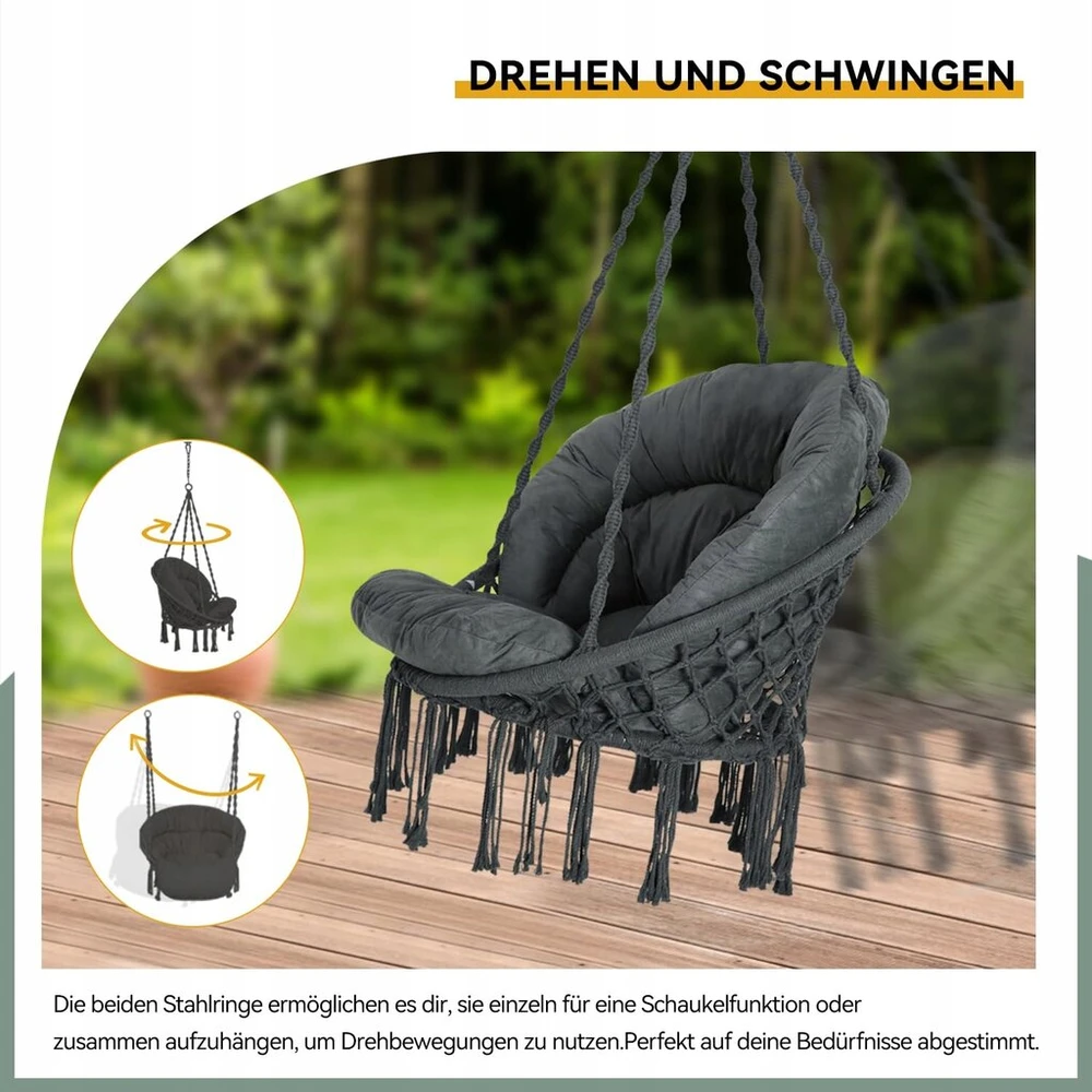 Bathonly pakabinamas krėslas macrame boho cotton iki 150kg, tamsiai pilkas