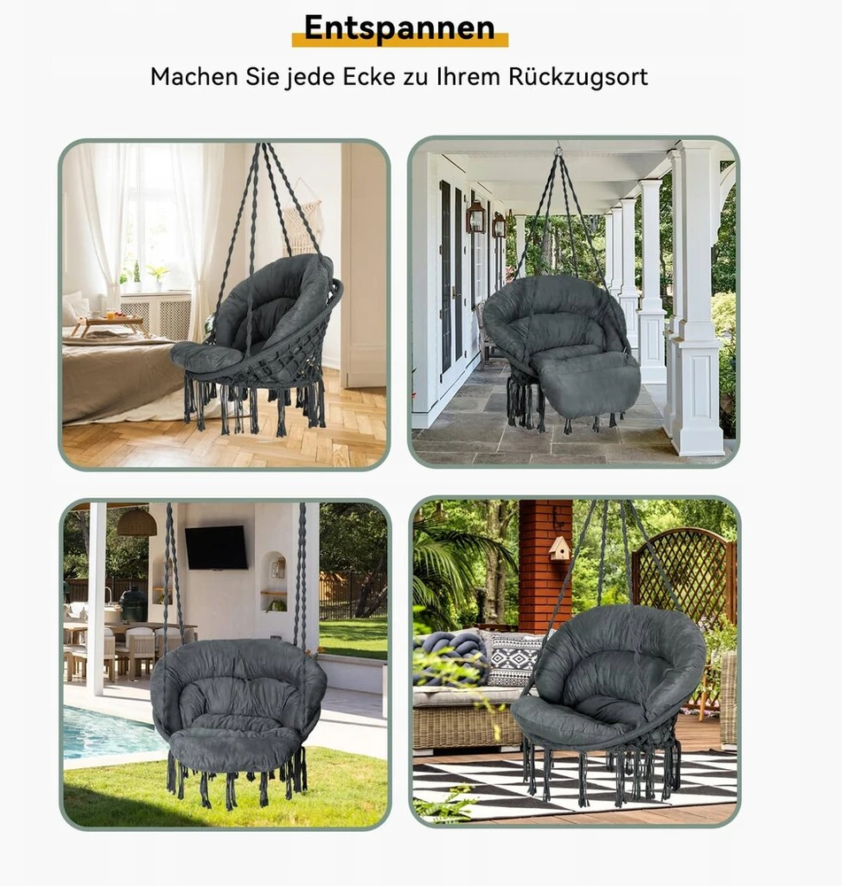 Bathonly pakabinamas krėslas macrame boho cotton iki 150kg, tamsiai pilkas