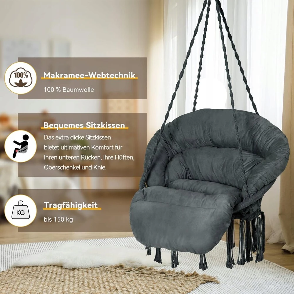 Bathonly pakabinamas krėslas macrame boho cotton iki 150kg, tamsiai pilkas
