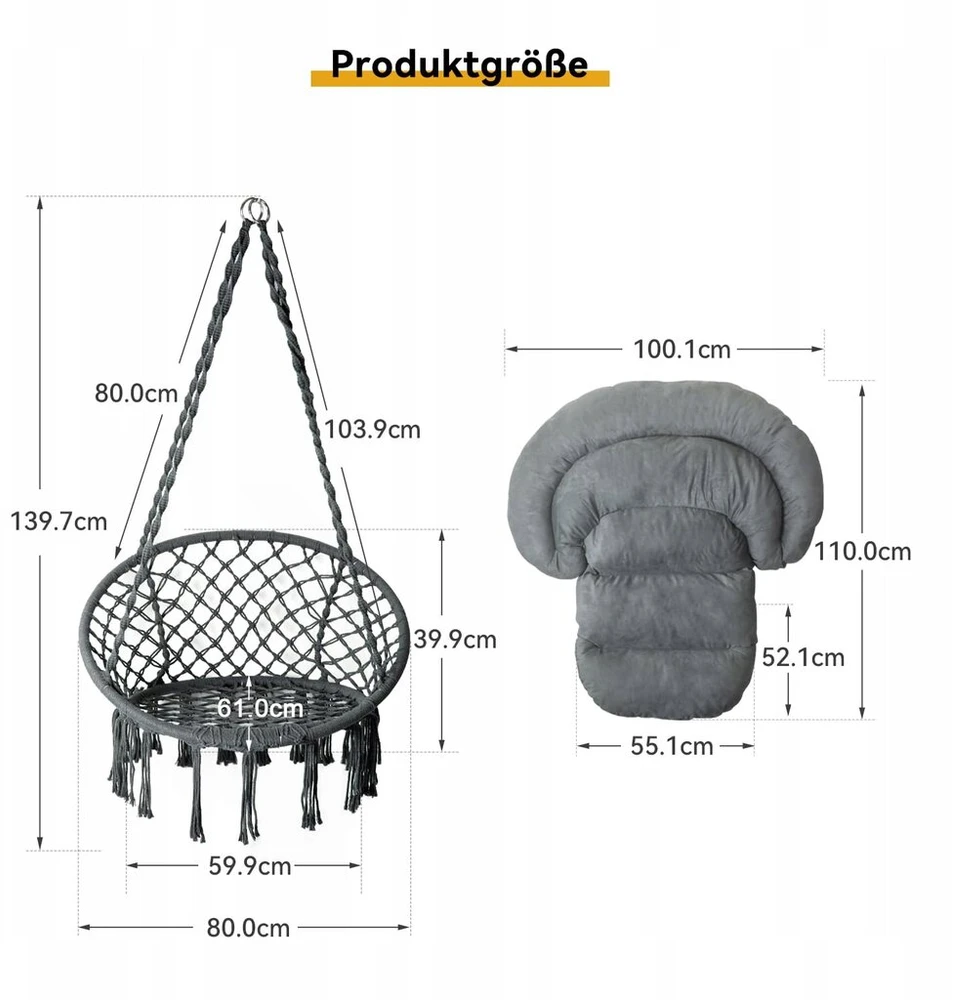 Bathonly pakabinamas krėslas macrame boho cotton iki 150kg, tamsiai pilkas