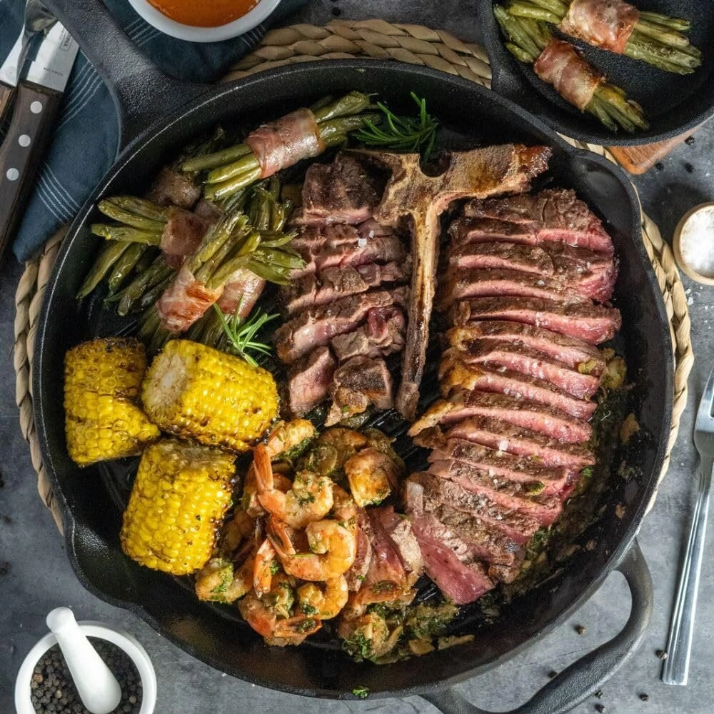 Bbq-toro keptuvė iš ketaus, skersmuo 34 cm, ketaus keptuvė-grilis su rankena, rankena ir dviem snapeliais, briaunota, ketaus keptuvė-grilis, bbq keptuvė, orkaitės keptuvė, ketaus keptuvė