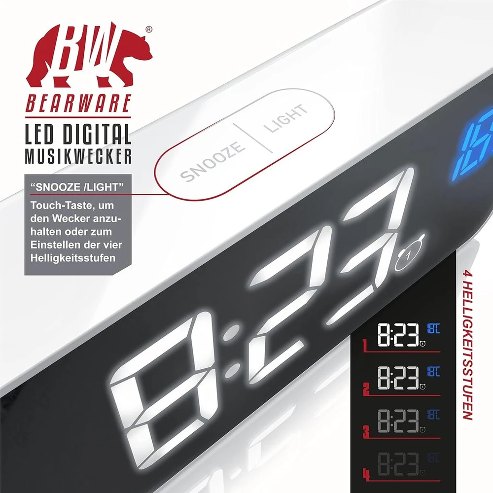 Bearware Csl Skaitmeninis žadintuvas su maitinimo šaltiniu ir itin didele 2200 mah baterija - muzikinis žadintuvas, kelioninis žadintuvas - 13 dainų ir melodijų - temperatūros ekranas - 2 žadintuvai - snaudimo funkcija - reguliuojamas apšvietimas