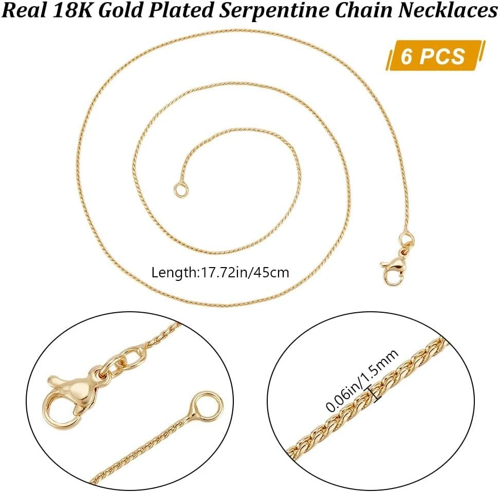 Beebeecraft 1 dėžutė 6 vnt. serpentininių grandinėlių moterims, 18k auksu dengta žalvarinė gyvatės grandinėlė, bortelių grandinėlės vėrinys, 450 mm (17,72 colio)