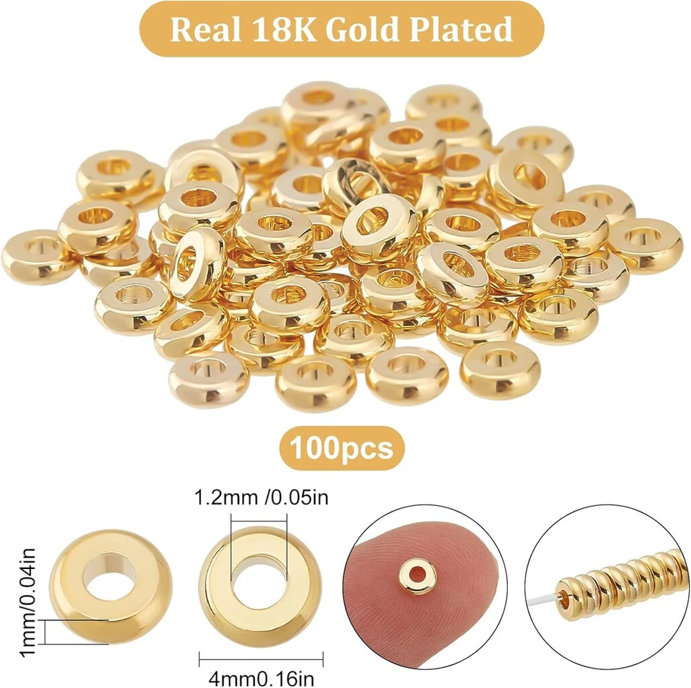 Beebeecraft 100 vnt./dėž. plokščios apvalios tarpinės karoliukai 18k paauksuoti disko formos birūs 4 mm karoliukai papuošalų gamybai "pasidaryk pats" apyrankėms, auskarams, vėriniams