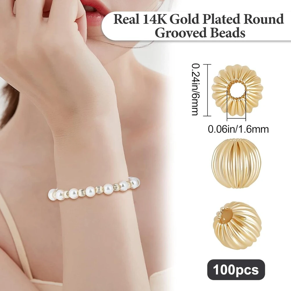 Beebeecraft 100 vnt./dėžutė apvalūs tarpiniai karoliukai 14k paauksuoti žalvariniai grioveliais banguoti laisvi karoliukai 6 mm papuošalų gamybai „pasidaryk pats“ apyrankėms, auskarams, vėriniams