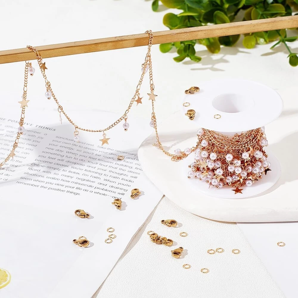 Beebeecraft 4 m ilgio paauksuota grandinėlė papuošalų gamybai su 10 omarų užsegimų ir 30 jungiamųjų žiedelių vėrinių ir apyrankių gamybai