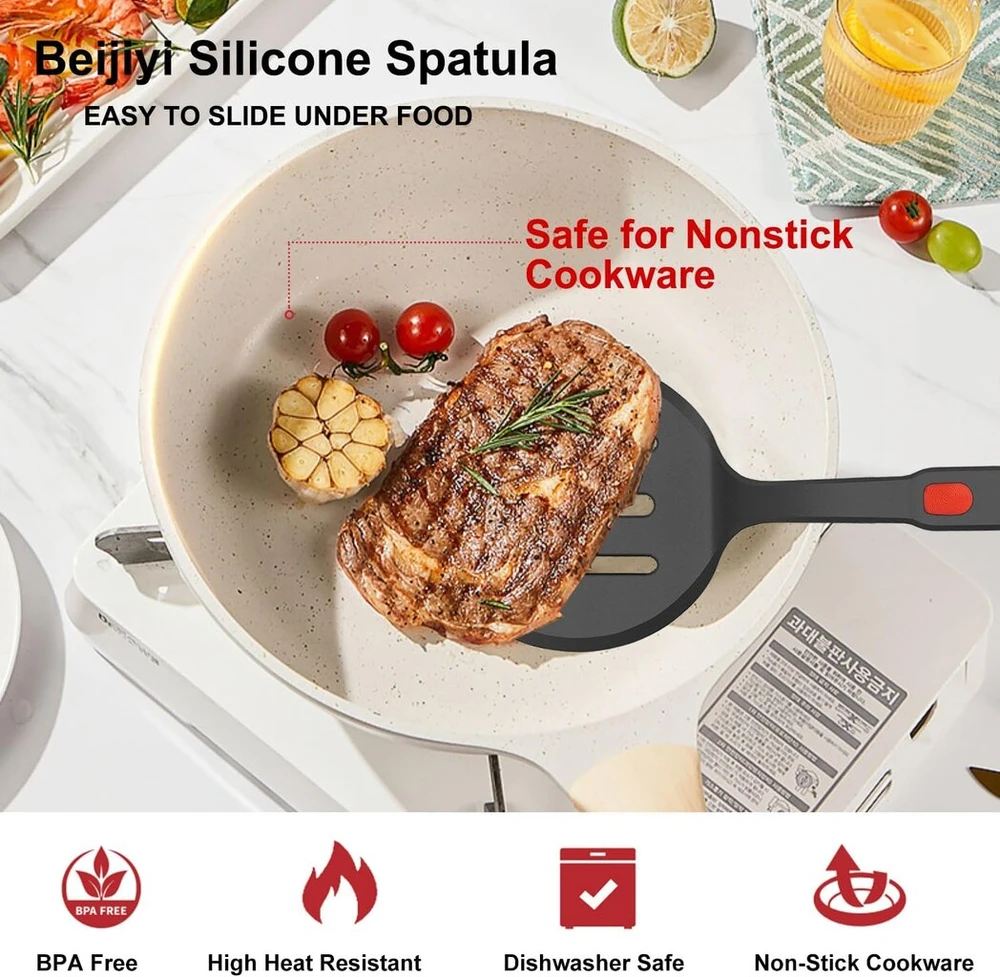 Beijiyi silikoninė mentelė, karščiui atspari mentelė, silikoninių virtuvės įrankių rinkinys, nelipnus, be Bpa, dideli virtuvės įrankiai kiaušiniams, blynams, žuviai, 3 vnt., juoda