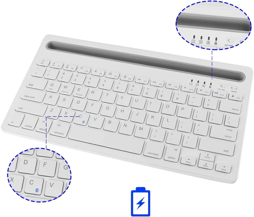 Belaidė bluetooth klaviatūra, belaidė įkraunama tyli Qwerty klaviatūra su 2 kanalais, skirta Ipad, Mac, Pc, nešiojamam kompiuteriui, planšetiniam kompiuteriui, Surface, telefonui, kompiuteriui, Smart Tv, Windows/android/ios