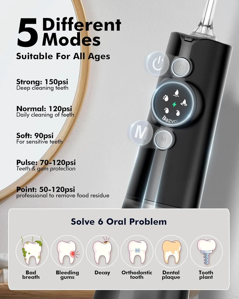 Belaidis burnos irigatorius dantų valymui: led ekranas, 5 režimai, dantų dušas su 300 ml vandens talpa ir 6 antgaliais, ipx7 atsparus vandeniui burnos irigatorius, oral irrigator test winner (juodas)