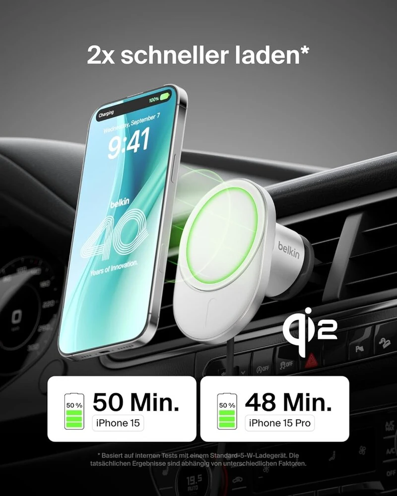 Belkin boostcharge pro magnetinis belaidis automobilinis įkroviklis su qi2 (15w) magsafe suderinamas automobilinis įkroviklis, skirtas iphone 16/15/14/13/12 serijoms su usb-c laidu ir 20w usb-c automobiliniu maitinimo šaltiniu
