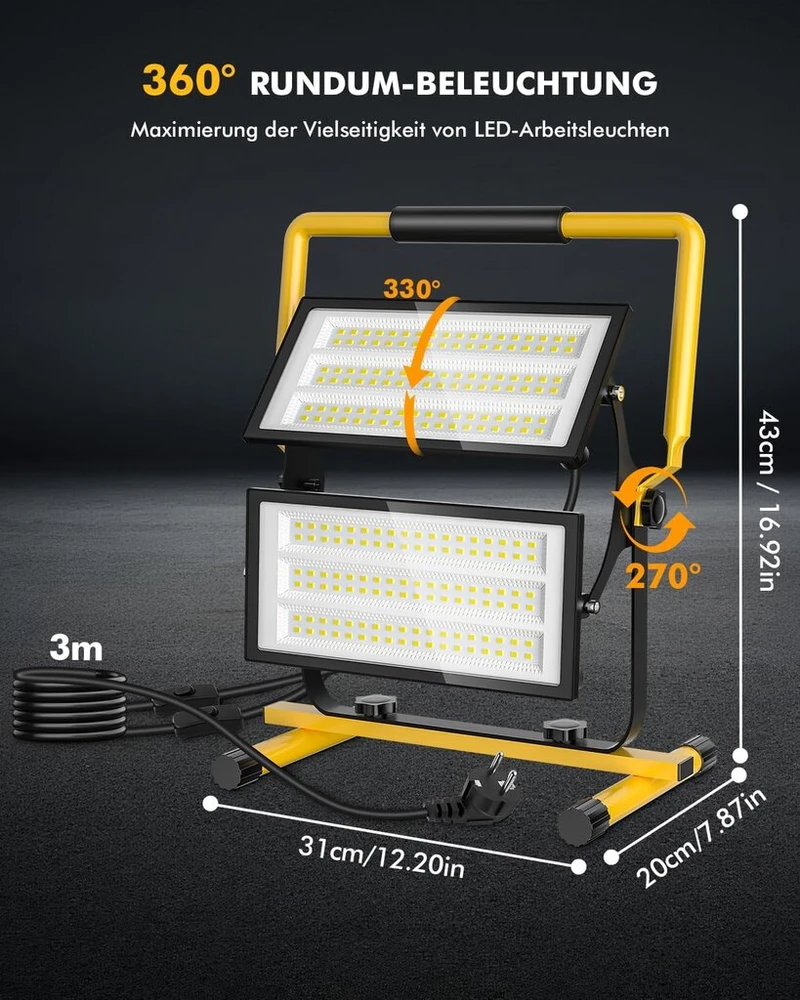 Bellanny led statybinis prožektorius 200 w 20000 lm darbo lemputė su kištuku, 6500 k statybvietės lempa - ip66 atsparus vandeniui statybinis prožektorius su 3 m kabeliu dirbtuvėms ar statybvietei