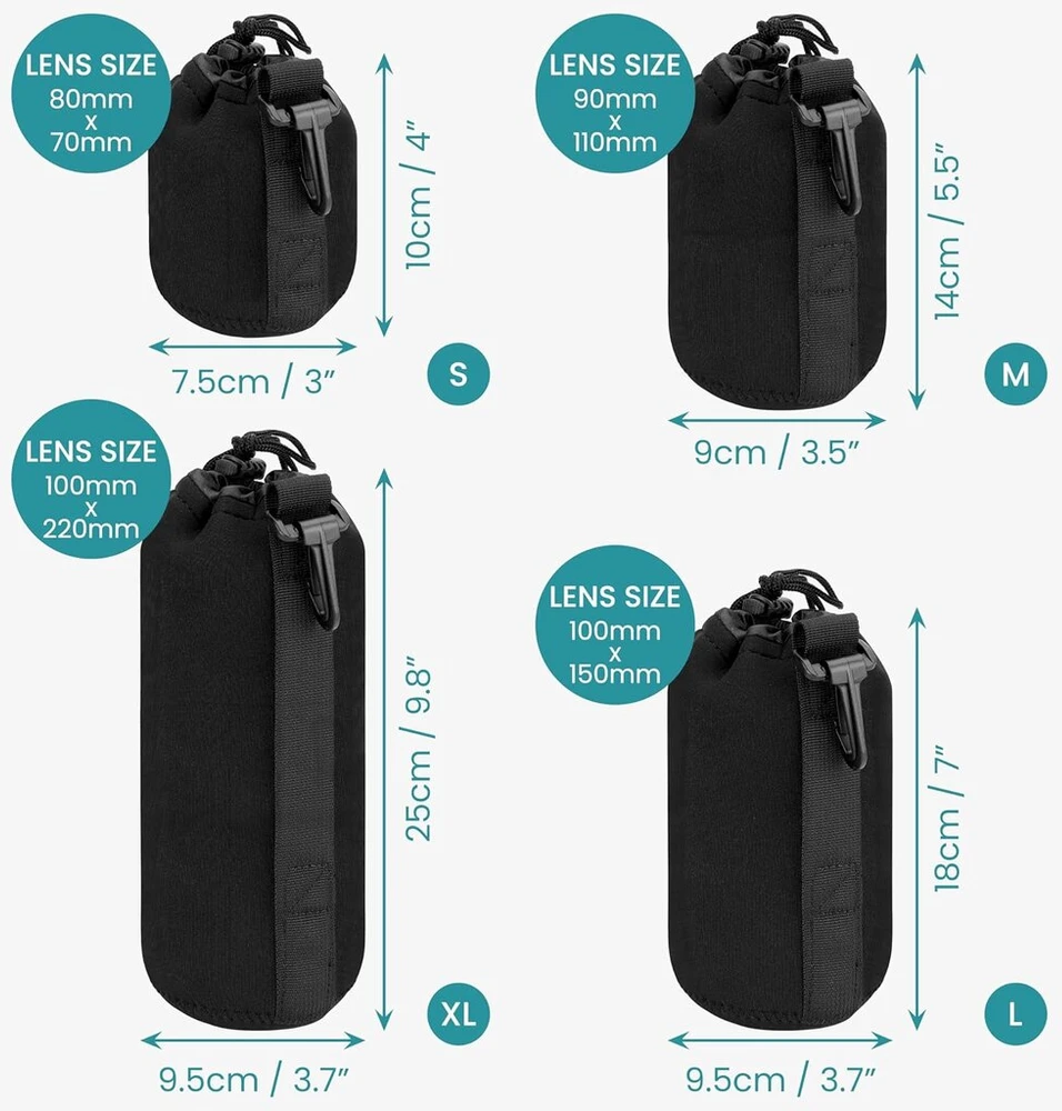 Belle Vous 4 dalių juodų objektyvų krepšelių rinkinys - vandeniui atsparus neopreno dėklas universaliam Dslr fotoaparato objektyvui - minkšti nešiojimo krepšiai / kelioniniai krepšiai - mažas, vidutinis, didelis ir Xl objektyvo krepšys, juodas, Bvous-pwn