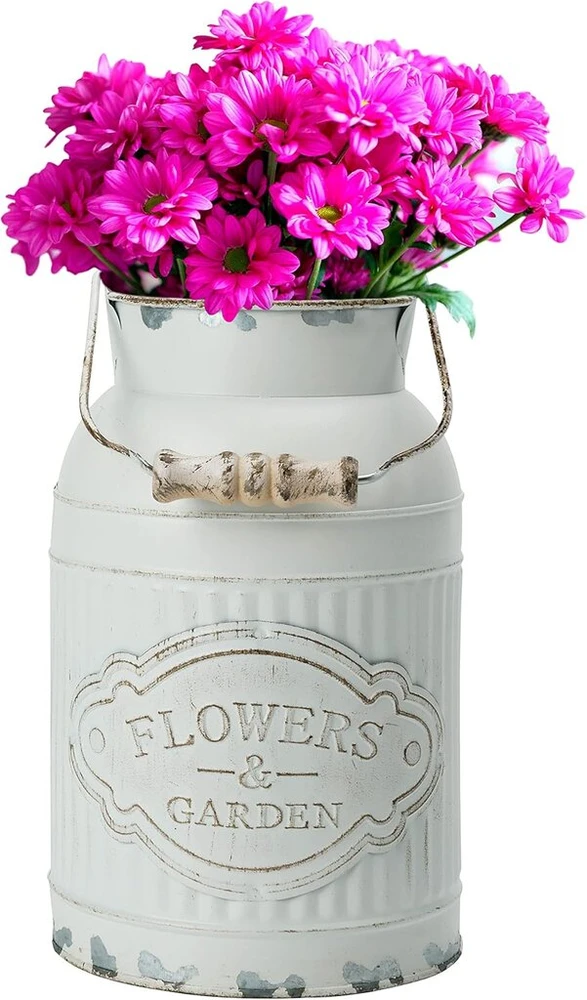Belle Vous balta, rustiška dekoratyvinė metalinė vaza gėlėms – 12,8 cm skersmuo x 20,5 cm aukštis – galvanizuotas pieno ąsočio dekoratyvinė vaza shabby chic vintage stiliumi – dekoratyvinė kaimiško stiliaus vaza