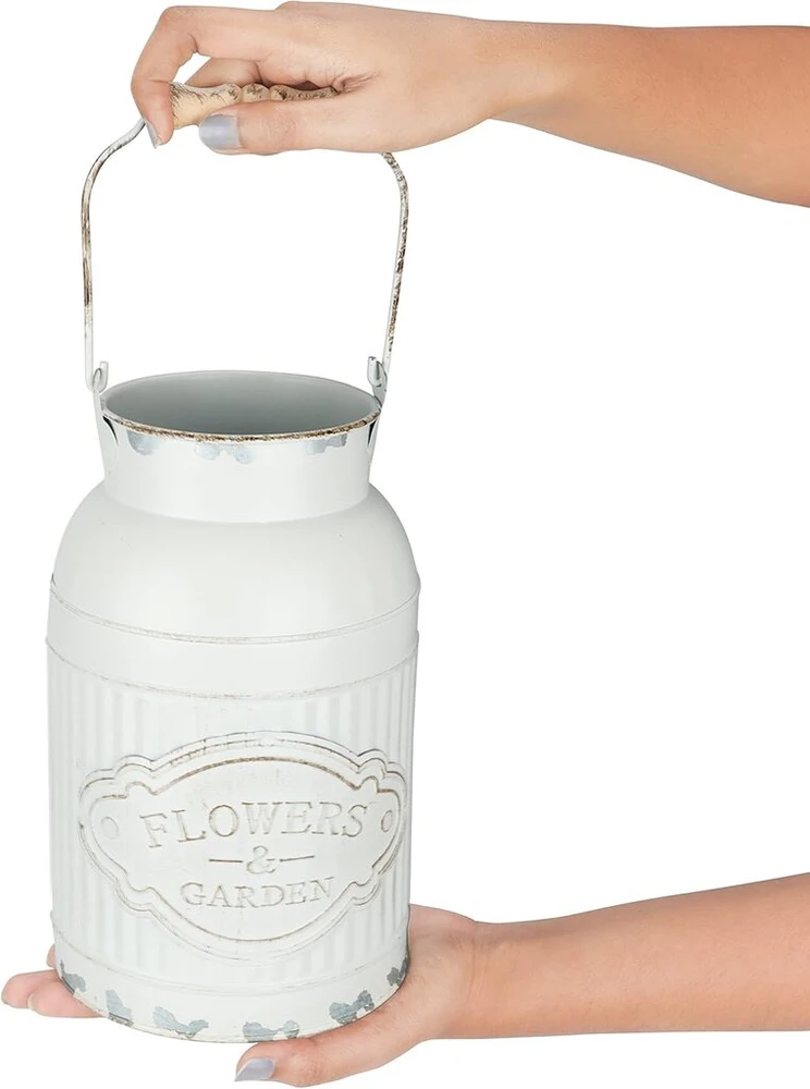 Belle Vous balta, rustiška dekoratyvinė metalinė vaza gėlėms – 12,8 cm skersmuo x 20,5 cm aukštis – galvanizuotas pieno ąsočio dekoratyvinė vaza shabby chic vintage stiliumi – dekoratyvinė kaimiško stiliaus vaza
