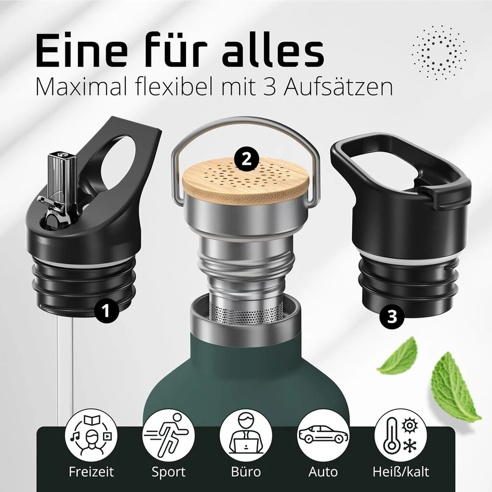 Bemaxx Active Flask nerūdijančio plieno gertuvė su šiaudeliu, infuzoriumi + 3 dangteliais: be Bpa (bisfenolio A), nepralaidi, skirta gazuotiems gėrimams, vandeniui, termo gertuvė dviračiui, izoliuota, sportinė gertuvė, arbatai