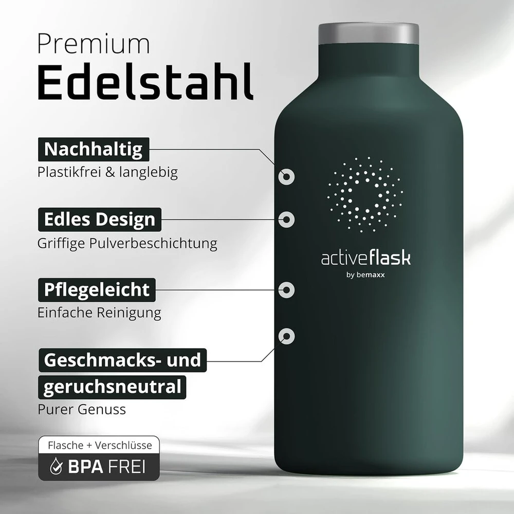 Bemaxx Active Flask nerūdijančio plieno gertuvė su šiaudeliu, infuzoriumi + 3 dangteliais: be Bpa (bisfenolio A), nepralaidi, skirta gazuotiems gėrimams, vandeniui, termo gertuvė dviračiui, izoliuota, sportinė gertuvė, arbatai