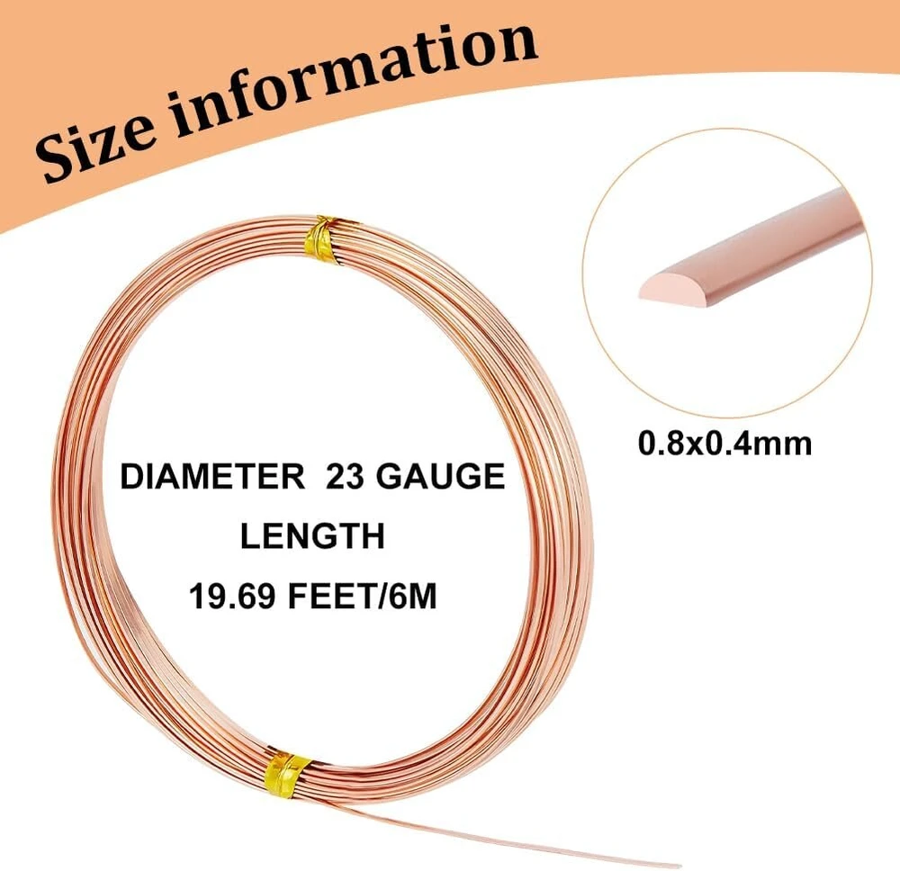 Benecreat 23 gauge 20 pėdų elipsės formos varinė viela, 0,6 mm pločio gryno vario viela amatų reikmenims, papuošalų gamybai