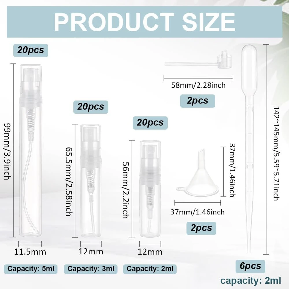 Benecreat 60 vnt. 2–5 ml plastikiniai purškimo buteliukai, mini balti purškimo buteliukai su 20 vnt. plastikinių pompų, 6 vnt. lašintuvų ir 2 vnt. piltuvėlių kelioniniams kvepalams, eteriniam aliejui