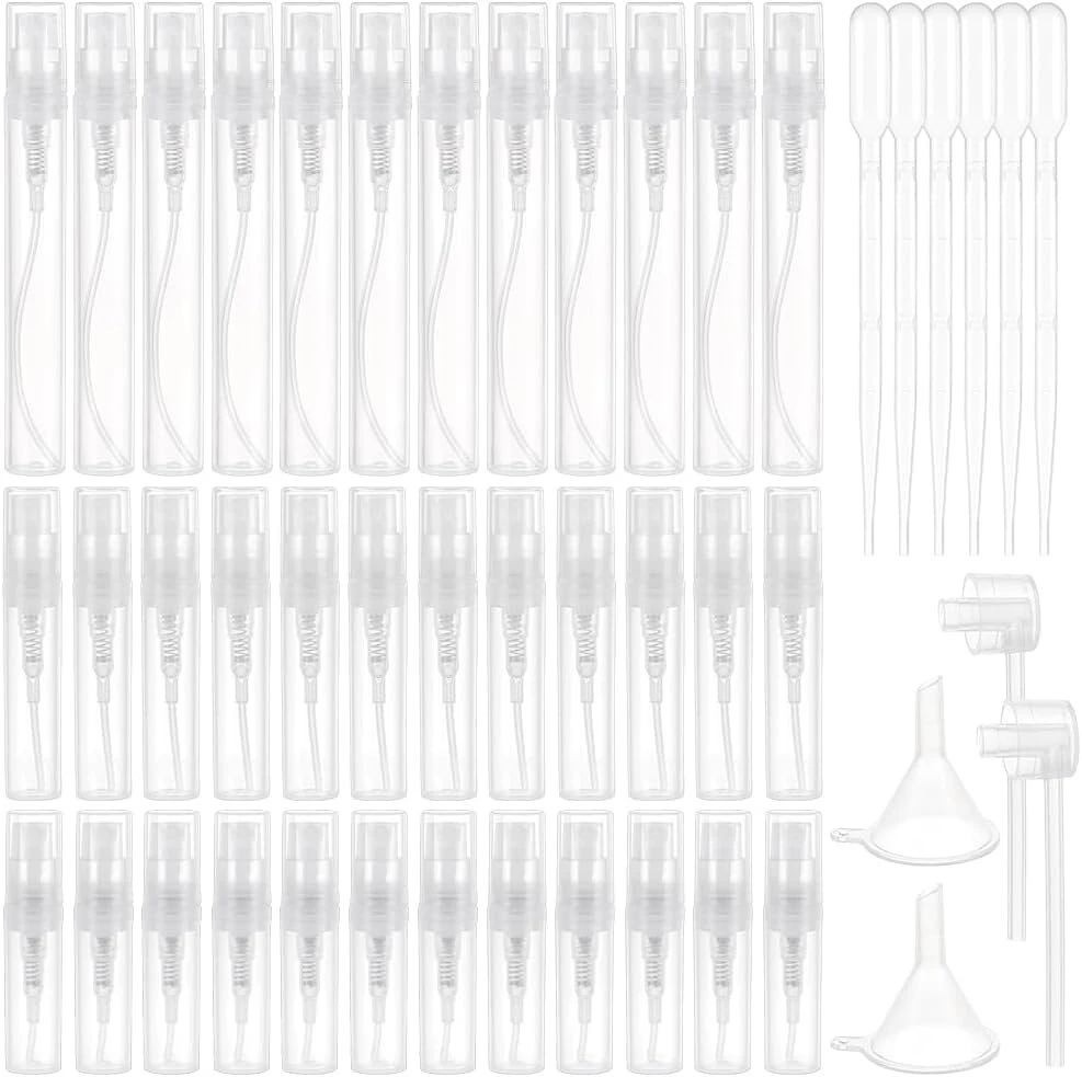 Benecreat 60 vnt. 2–5 ml plastikiniai purškimo buteliukai, mini balti purškimo buteliukai su 20 vnt. plastikinių pompų, 6 vnt. lašintuvų ir 2 vnt. piltuvėlių kelioniniams kvepalams, eteriniam aliejui