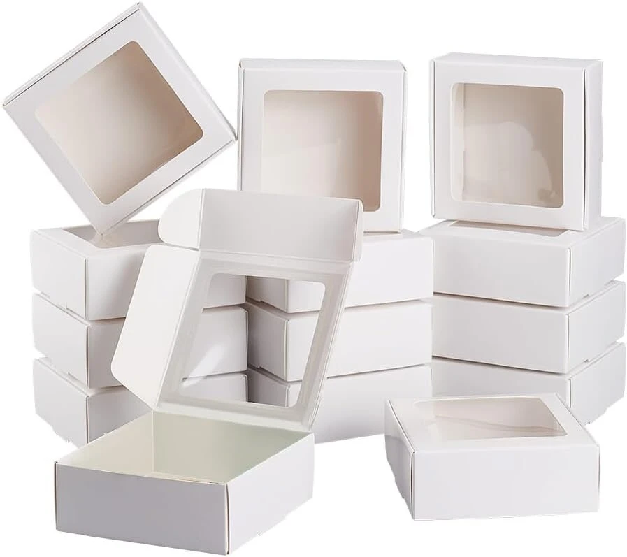 Benecreat kraft popieriaus dėžutės su skaidriu langeliu, 9,5 x 9,5 x 3,5 cm, baltos, dovanų pakavimo dėžutės kepiniams, sausainiams, pyragams, saldumynams, vestuvių vakarėliams, dovanėlėms, 20 vnt.