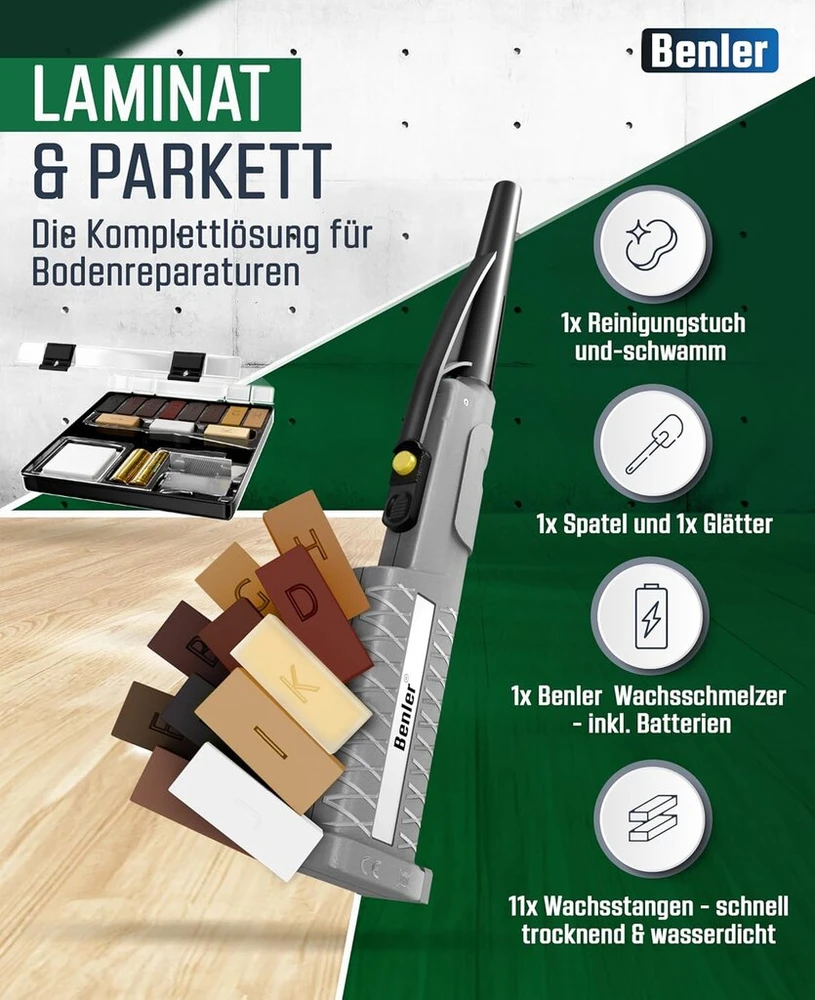 Benler® naujas! Medinis remonto rinkinys su 2 viename vaško lydytuvu laminatui, parketui ir vinilo remontui, taip pat tinkamas pvc ir plastikui, 19 dalių laminato remonto rinkinys (medienos remonto rinkinys).