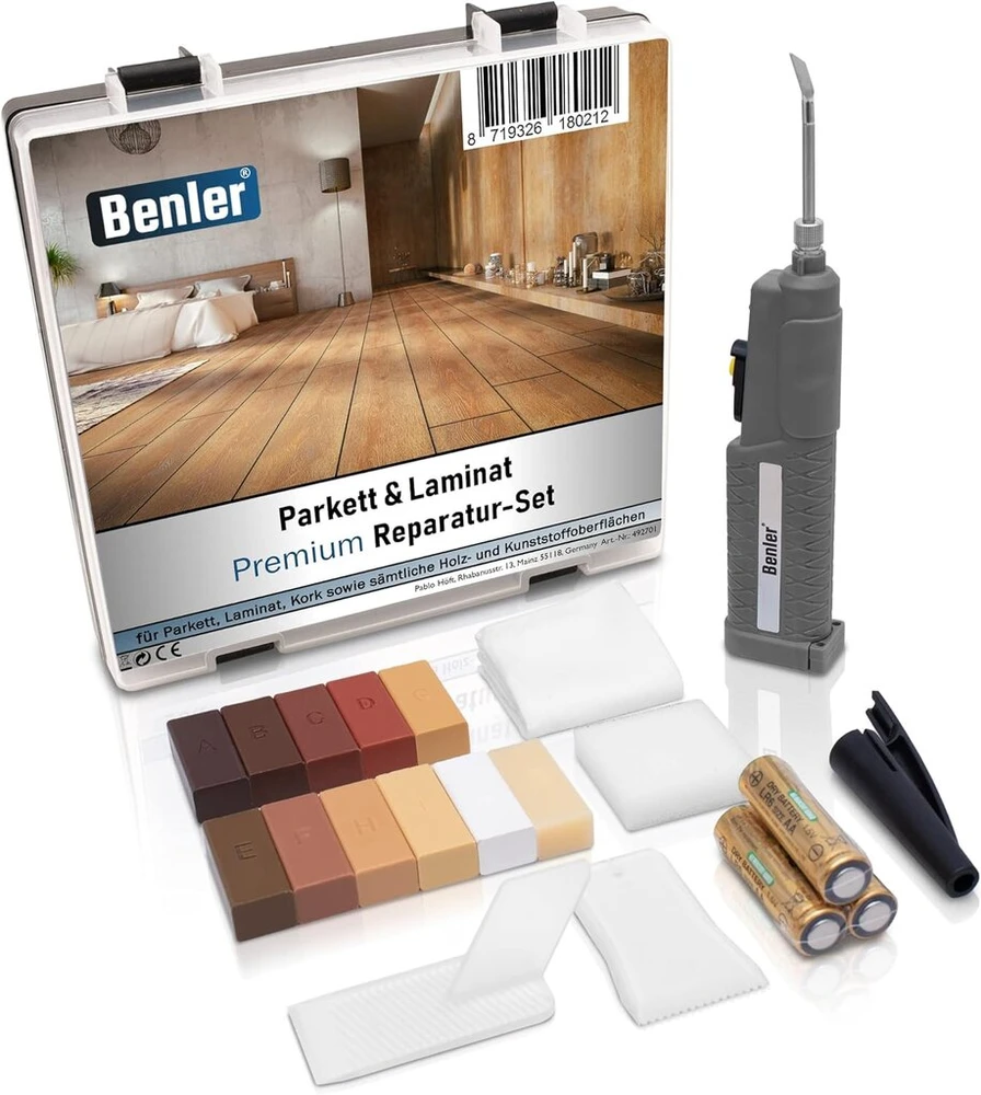 Benler® naujas! Medinis remonto rinkinys su 2 viename vaško lydytuvu laminatui, parketui ir vinilo remontui, taip pat tinkamas pvc ir plastikui, 19 dalių laminato remonto rinkinys (medienos remonto rinkinys).