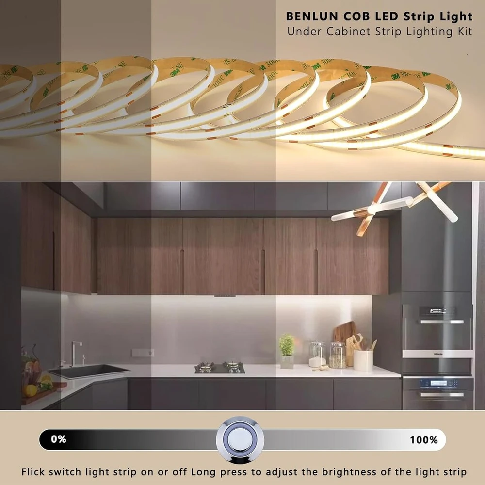 Benlun 12 V Cob led juosta grindų spintelių apšvietimui virtuvėje 10 m, kerpama 4000 K natūralios baltos spalvos led juosta lipni su reguliatoriumi ir maitinimo šaltiniu spintelių apšvietimui, akustinėms plokštėms, spintelėms