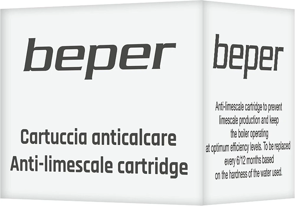Beper P204cal201 kalkių nuosėdų filtras, skirtas P204cal200 lyginimo sistemos priežiūrai, užtikrinančiai optimalų veikimą. Plastikinis korpusas, dervos vidus, juodas
