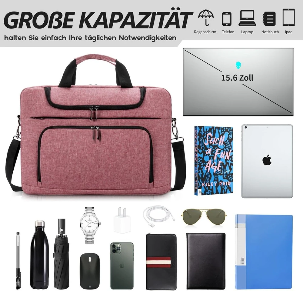 Bertasche nešiojamojo kompiuterio krepšys 17 colių / 17,3 colio / 15,6 colio nešiojamojo kompiuterio krepšys, skirtas universitetui, darbui, verslui, rožinis, universalus