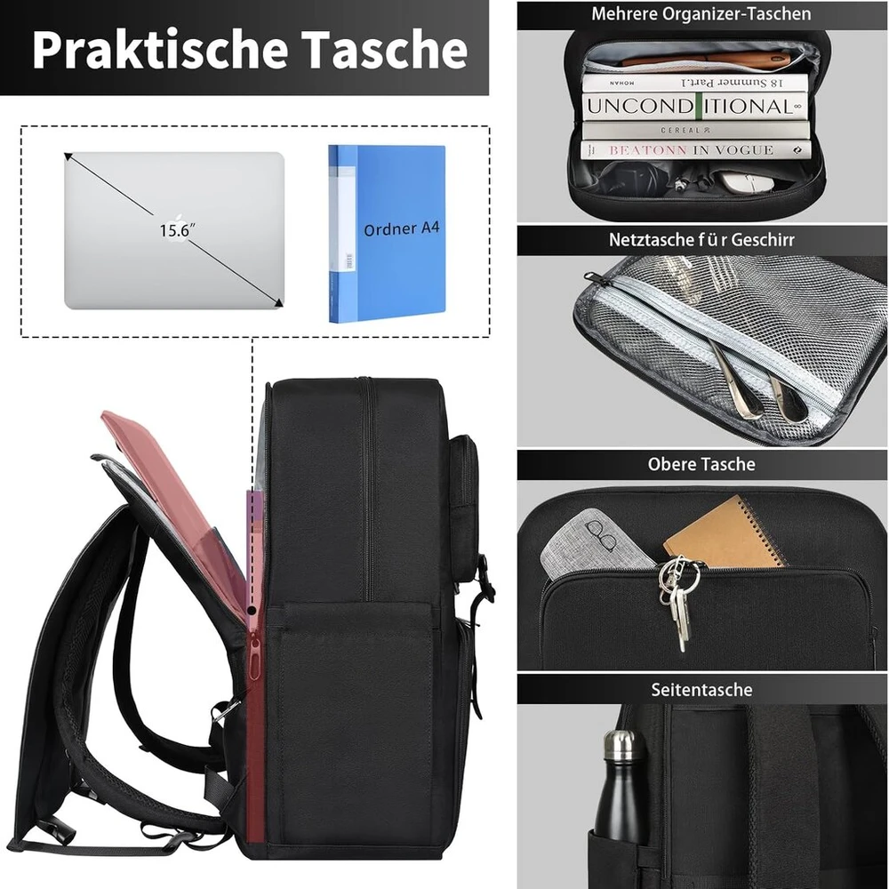 Bertasche pietų kuprinė, nešiojamojo kompiuterio kuprinė 15.6 colio su izoliuotu šaltkrepšiu vyrams ir moterims, 2-in-1 darbo kuprinė universitetui, verslui, kelionėms į darbą ir atgal, juoda