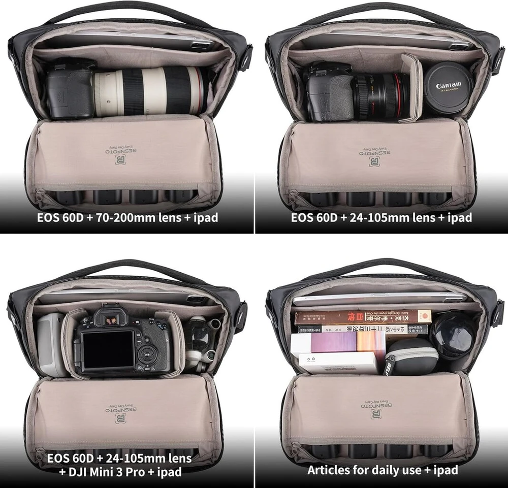 Besnfoto fotoaparato krepšys dslr fotoaparato sling krepšys kuprinė fotografams vandeniui atsparus mažas crossbody krepšys per petį veidrodiniams fotoaparatams, juodas, krepšys per petį