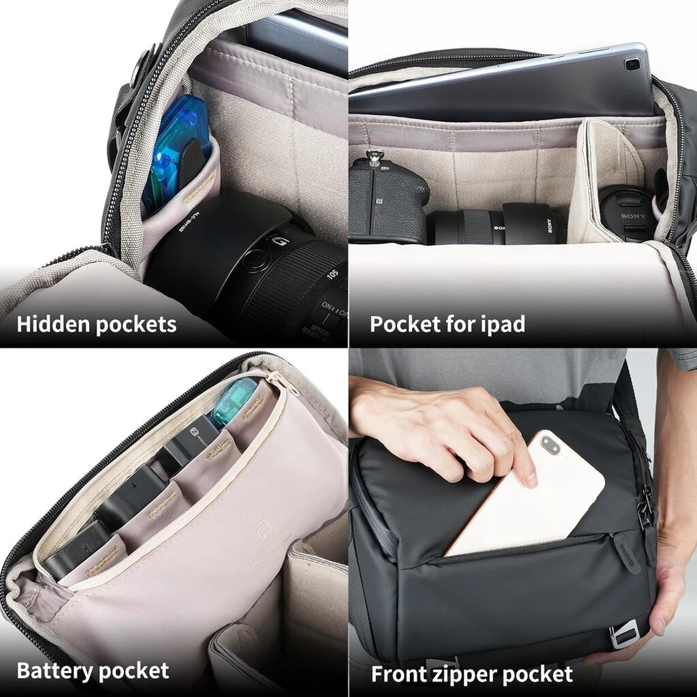 Besnfoto fotoaparato krepšys dslr fotoaparato sling tipo kuprinė fotografams, atspari vandeniui maža crossbody tipo krepšys per petį veidrodiniams fotoaparatams, juodas, krepšys per petį